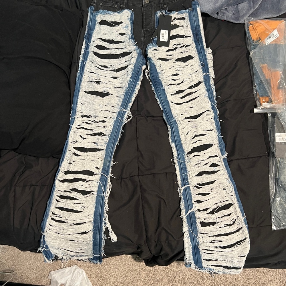 Men's Distressed Blue and White Jeans